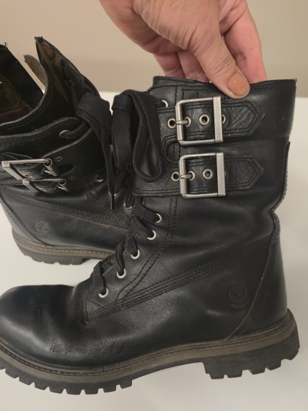 Timberland Women's Black Leather Lace-Up Combat Boots with Buckle